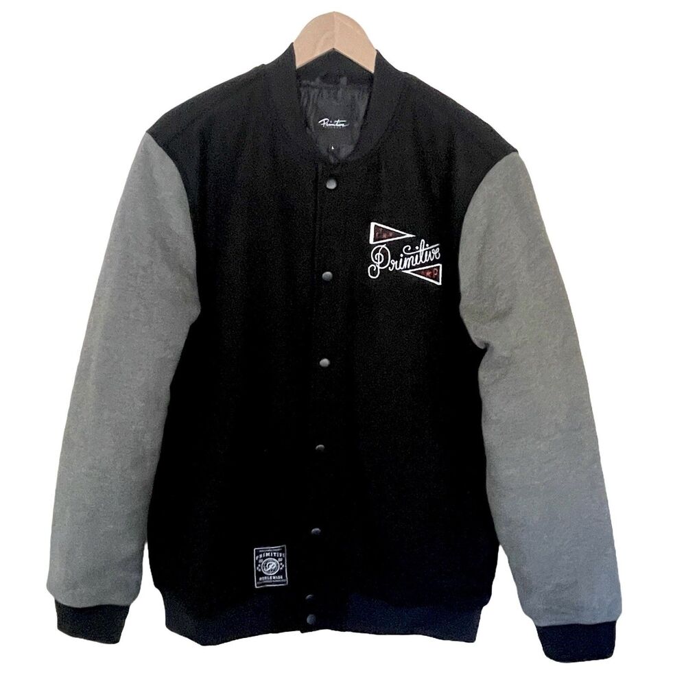 Primitive Varsity Letterman Jacket Mens L Black Wool Flannel Lined Streetwear